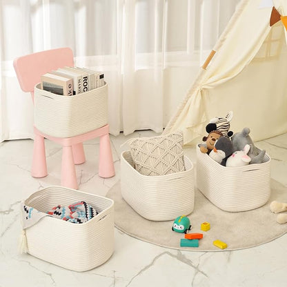 Storage Baskets for Organizing & Shelves, Woven Cotton Rope Organization Bins for Dog Toys, Clothes, Books, Nursery Organizer, 15" Lx11''Wx9.5''H, (4 Packs) Off White