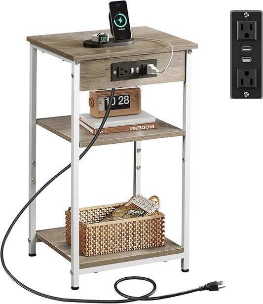 WLIVE Side Table with Charging Station and USB Ports, Small End Tables for Small Spaces, 3-Tier Nightstand with Adjustable Shelf, Bedside Tables, Living Room, Bedroom, Greige