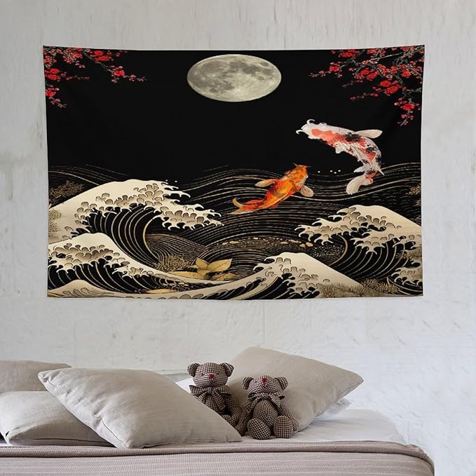 Houselerax Koi Fish Tapestry, Japanese Style Yin Yang Big Wave Cherry Blossom Tapestries Wall Hanging for Bedroom Living Room Office Decor 60"x40"