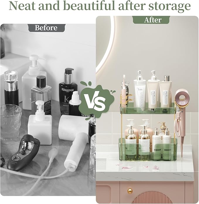 Bathroom Counter Organizer with Hair Dryer Holder, Hair Tool Countertop Storage, Cosmetics Skincare Shelf Organizer, Makeup Organizer Perfume for Dresser Vanity Tray(2 Tier-Green)