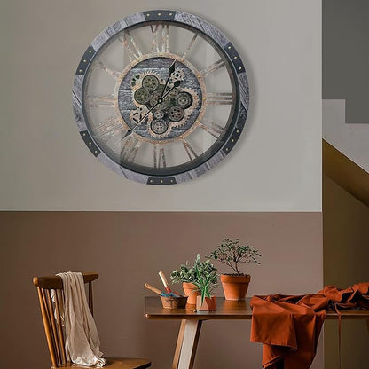 DORBOKER 24" Large Wall Clock with Moving Gears,Oversize Vintage Industrial Rustic Farmhouse Clocks for Living Room Decor Office Home,Solid Wood HD Tempered Glass Cover,Carbon Grey