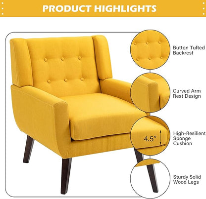 UIXE Accent Chairs Set of 2, Modern Armchair Upholstered Arm Chair in Fabric for Living Room, Comfy Single Sofa Seats Button Tufted Reading Seating, Yellow