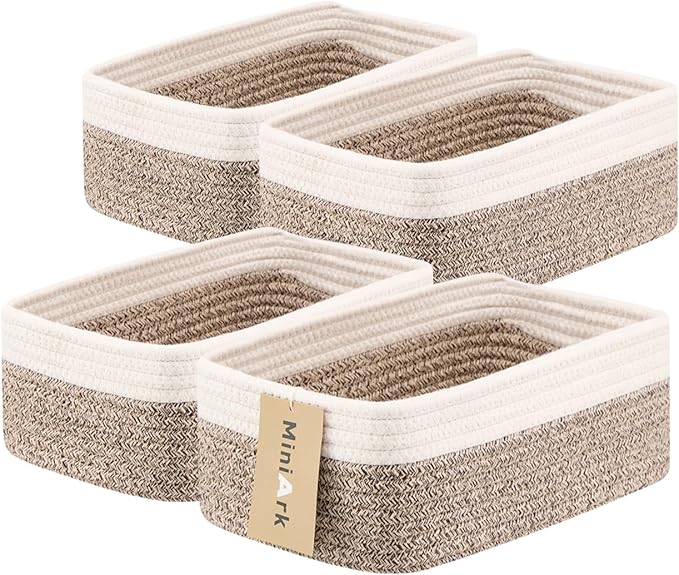 Small Storage Baskets for Organizing | Closet Organizer Bins | Shelf Toy Basket | Woven Rope Baskets | Cube Decorative Box | Shallow Basket | 11.5x7.5x4.7” | 4 Packs White Brown