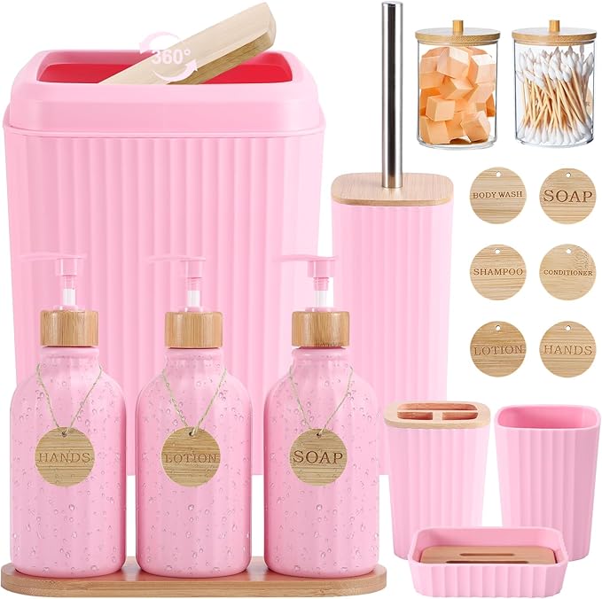Pink Bathroom Accessories Set 17PCS Bathroom Set with Trash Can 3PCS Lotion Soap Dispenser, Toothbrush Holder, Soap Dish,Tumbler Cup,6PCS Wood Tags Bath Accessories with Tray for Kitchen Bathroom