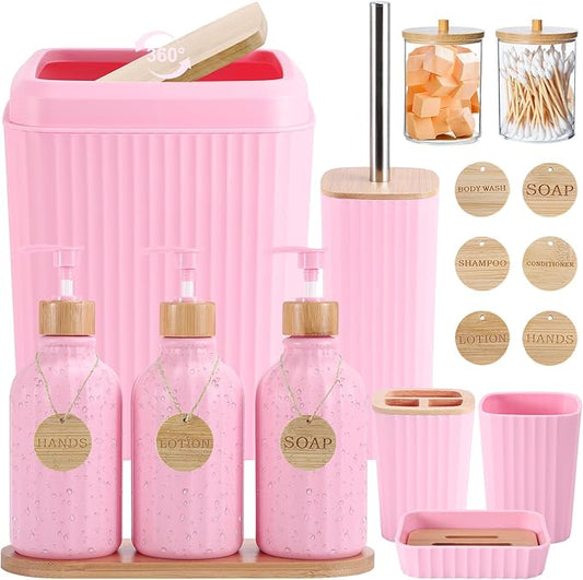 Pink Bathroom Accessories Set 17PCS Bathroom Set with Trash Can 3PCS Lotion Soap Dispenser, Toothbrush Holder, Soap Dish,Tumbler Cup,6PCS Wood Tags Bath Accessories with Tray for Kitchen Bathroom