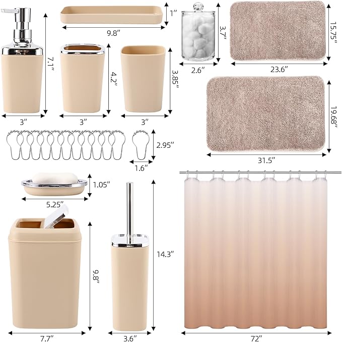 Bathroom Accessory Set–Bathroom Sets with Shower Curtain and Rugs, No Slip Bathroom Rugs Super Absorbent, Beige Ombre Water-proof Shower Curtain with Hooks, Pink Bathroom Sets Complete for Home