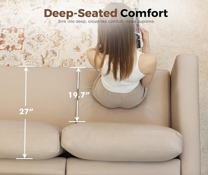 91.5" Luxury Modular Sleeper Sofa Bed with Storage Seat, 6 Seat Sectional Couch Deep Seat with Reversible Chaises & Removable Cover for Living Room - Faux Leather Whitesand