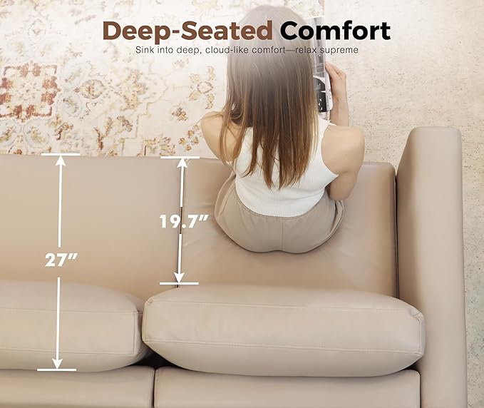 118.5" Faux Leather Modular Sectional Sofa, L Shaped Couch Set for Living Room, 6-Seater Comfy Cloud Couches with Movable Storage Ottoman Whitesand