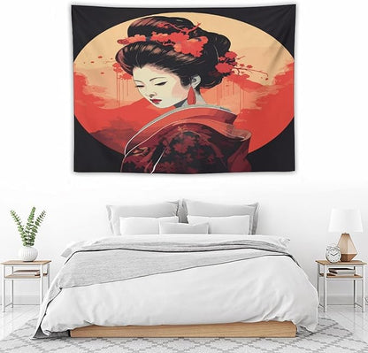 Japanese Woman Geisha Tapestry Asian Cherry Blossom Red Sun Traditional Kimono Folk Tapestries Home Decor for Living Room Bedroom Apartment Farmhouse Dorm 40"x30"