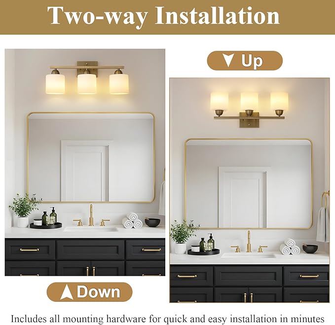 Stainless Steel Milk Glass Vanity Lights for Bathroom, 3 Light Brass Bathroom Light Fixtures Over Mirror, Ceramic E26 Sockets Wall Mounted