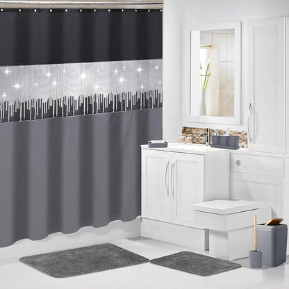 Bathroom Accessories Set with Glitter Shower Curtain and Bath Mats, 24 Piece Grey Shower Curtain Set,Bathroom Accessories Set Complete for Home Decor