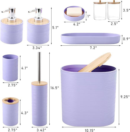 Purple Bathroom Set, Purple Bathroom Accessories Set with Trash Can, 2PCS Soap Dispensers, Soap Dish, Toothbrush Holder, Toothbrush Cup,Toilet Brush, Tray and Qtip Holders for Bathroom Decor