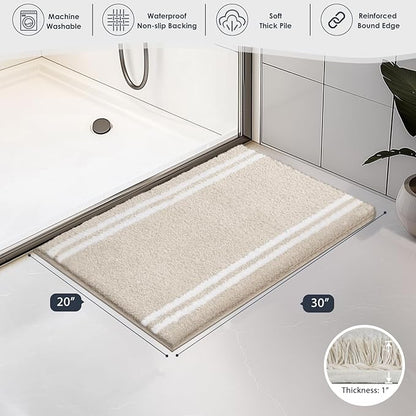 PURRUGS Bathroom Rug Non-Slip Machine Washable 20" x 30", Super Absorbent and Quick Dry Shaggy Microfiber Bath Mat, Extra Soft and Plush Bath Rug for Bathtub, Shower and Sink, Beige