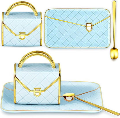 Zubebe 1 Set Coffee Mug Elegant Handbag Shaped Cup Modern Ceramic Purse Mug with Spoon and Saucer, 10oz Cute Creative Tea Cup for Office Home Woman Girls Gift (Blue)