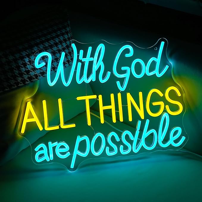 With God All Things Are Possible Neon Sign 16.5 * 12.6 Inch Led God Light Up Sign Dimmable USB Neon Light for Room Wedding Party Church Wall Decor (Ice Blue Yellow)
