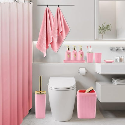 32PCS Bathroom Accessories Set Bathroom Set,Pink Shower Curtain Set,Bath Towel Set,Hand Towel,Toilet Brush,Trash Can & 3PCS Soap Dispenser