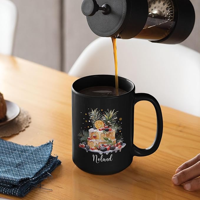 Personalized Christmas Decorative Mug - Fruit Cake Design Coffee Cup for Cake Lovers - Customized Black 11oz/15oz Cup for Daughter