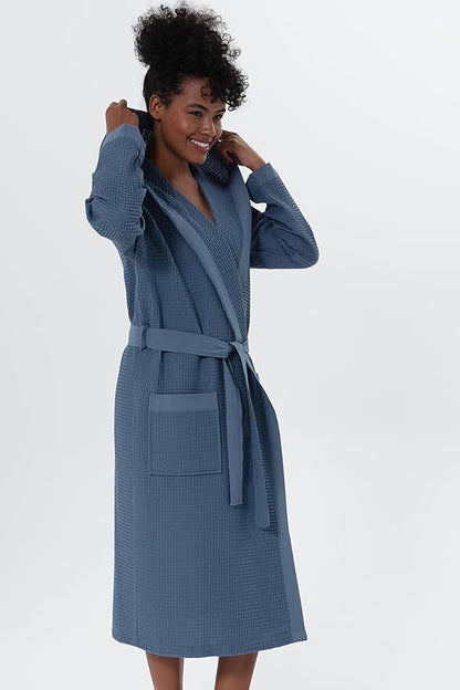 Women’s Luxury Waffle Shawl Collar, Hooded Robe w Piping – Lightweight, Long, Ultra Soft Spa Sleepwear Bathrobe