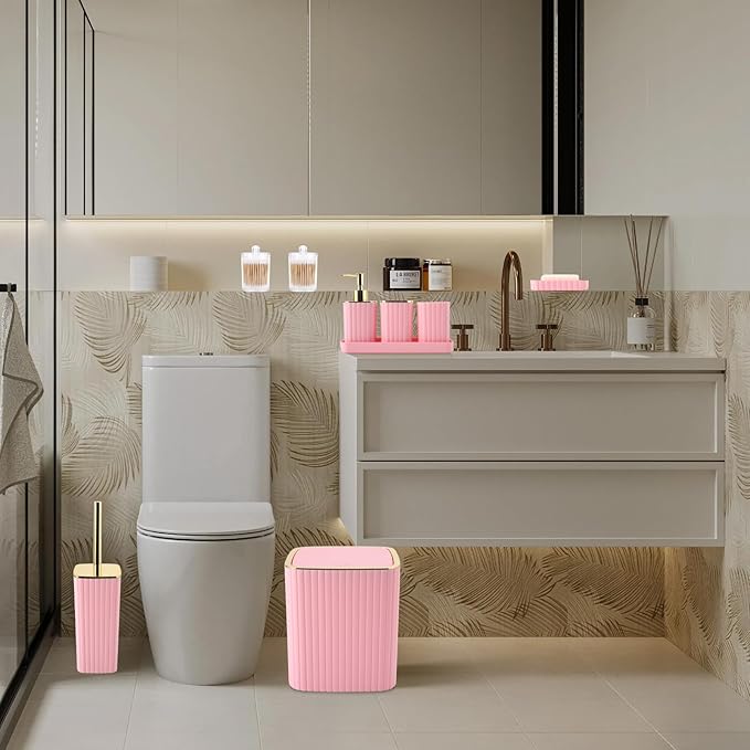 Pink Bathroom Accessories Set - Gorgeous Bathroom Set, 10PC Bathroom Accessory Set, Toilet Brush, Trash Can, Qtip Holder Dispenser & Soap Dispenser