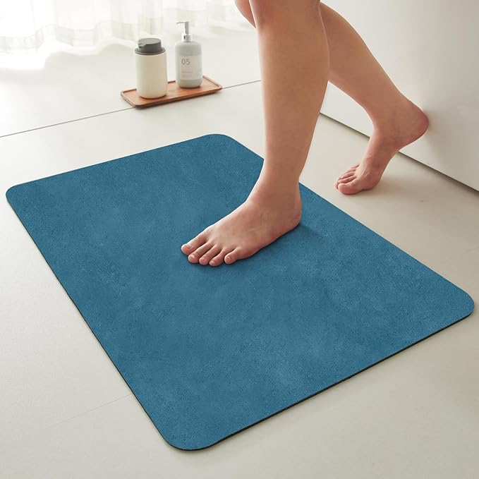 Bathroom Mat Quick Dry, Bathroom Rugs Non Slip Washable Thin Absorbent Bath Mat Fits Under Door Bathroom Floor Mat Perfect for Bath, Shower, or Sink 16"x24" Denim Blue
