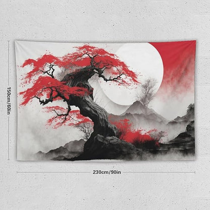 Cherry Blossoms Tapestry, Japanese Red Landscape Asian Watercolor Abstract Art, Bedroom Living Room Decor 90"x60"