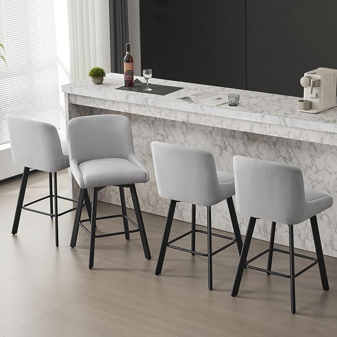 Swivel Bar Stools Set of 4, 26''H Upholstered Barstools with Backs, Modern Counter Height Bar Stool Chairs for Kitchen Island, Metal Legs, Fabric, Light Gray Counter Stools