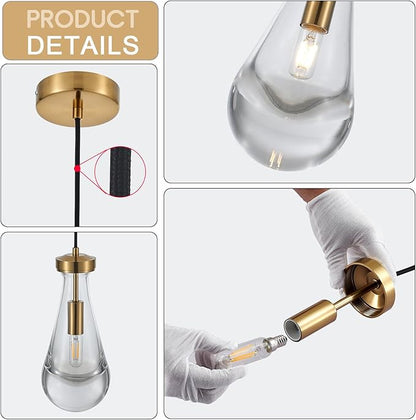 Raindrop Pendant Light, Brass Glass Pendant Lighting, Teardrops Modern Hanging Light for Entryway Foyer Stairway Kitchen Island Bedroom Dining Living Room Hallway