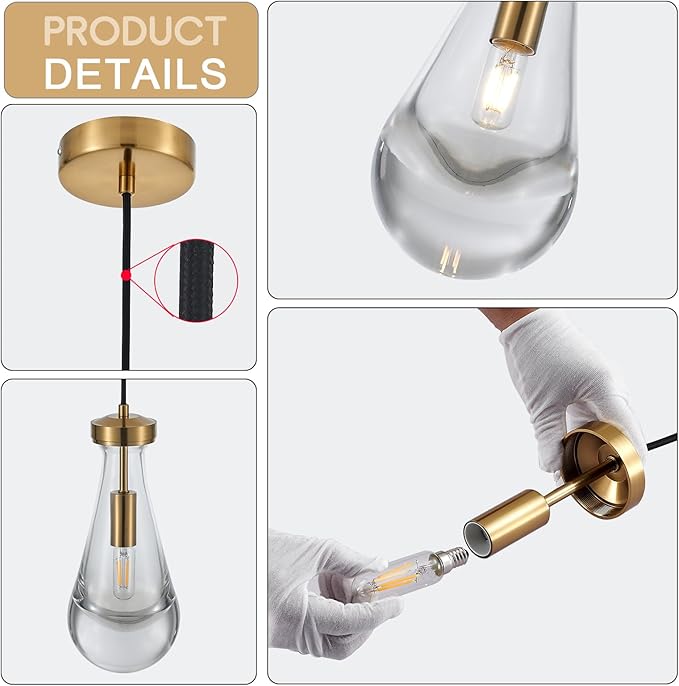 Raindrop Pendant Light Fixtures Set of 3, Brass Glass Pendant Lighting, Teardrops Modern Hanging Light for Entryway Foyer Kitchen Island Dining Living Room Hallway