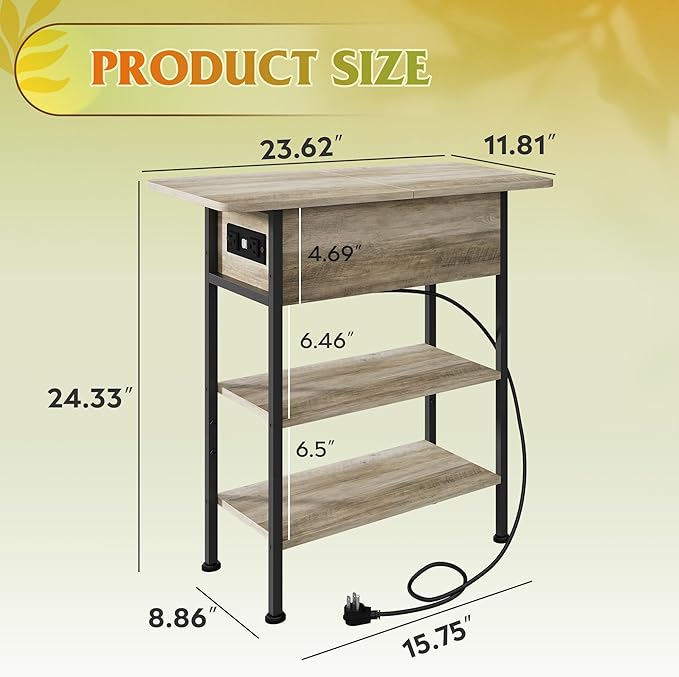 WLIVE End Table with Charging Station, Flip Top Side Table with Storage Shelf, Sofa Couch Table with USB Ports and Outlets, Narrow Bedside Table for Living Room, Bedroom Nightstand, Greige