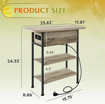 WLIVE End Table with Charging Station, Flip Top Side Table with Storage Shelf, Sofa Couch Table with USB Ports and Outlets, Narrow Bedside Table for Living Room, Bedroom Nightstand, Greige