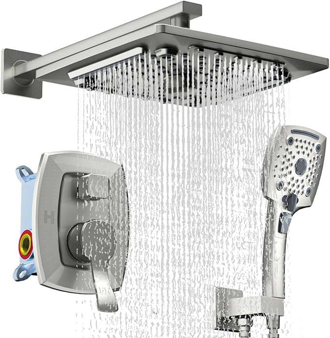 ELLO&ALLO Shower Faucet Set Mixing Valve and Trim Kit Brushed Nickel, Rainfall Waterfall Shower Head with Handheld Combo