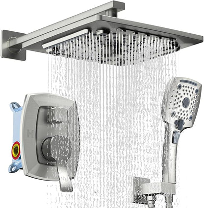 ELLO&ALLO Shower Faucet Set Mixing Valve and Trim Kit Brushed Nickel, Rainfall Waterfall Shower Head with Handheld Combo