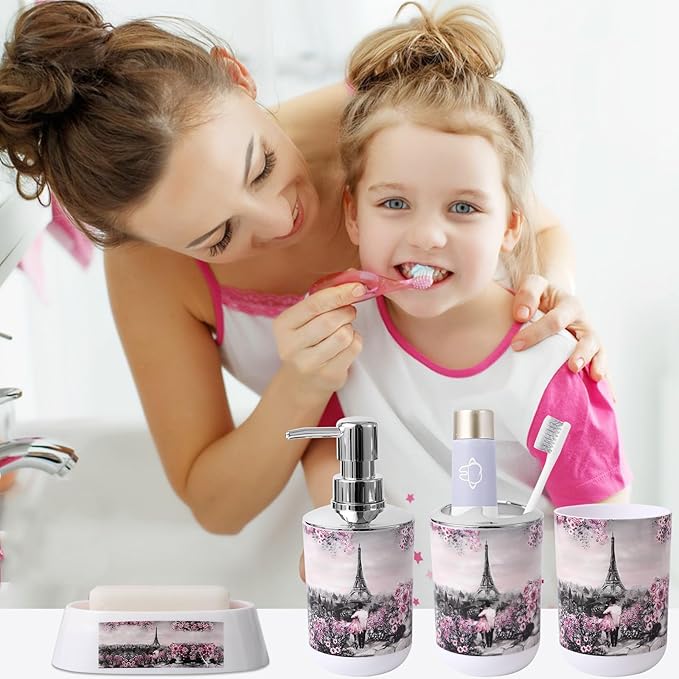 Bathroom Accessories Set with Shower Curtain Bath Rugs Pink Paris Bathroom Accessories with Trash Can, Shower Curtain Set,Bath Rugs for Home Decor