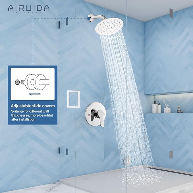 Airuida Shower Faucet Set,Single Function Shower Trim Kit,Wall Mount 6 Inch Round Rainfall Shower Head and Handle Set,Single Handle Shower System Set Male Threads Rough-in Valve Chrome Polish