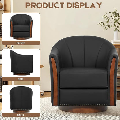 360° Swivel Accent Chair, Modern Leather Barrel Club Chair with PU Leather Upholstery and Sturdy Wood Base, Comfortable Armchair for Living Room, Bedroom, Reading Nook, Black