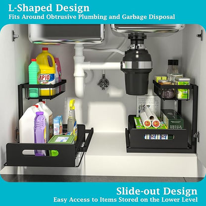 REALINN Under Sink Organizer, Pull Out Cabinet Organizer Slide Out Sink Shelf Cabinet Storage Shelves, Storages for Kitchen Bathroom, Black, 2 Pack