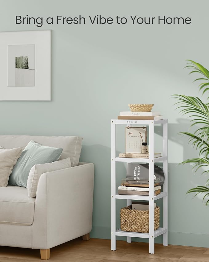 SONGMICS Bamboo Storage Shelf, 4-Tier Shelving Unit, Multifunctional, in The Entryway, Bathroom, Living Room, Balcony, Kitchen, 13 x 13 x 38.6 Inches, Cloud White UBCB054W01