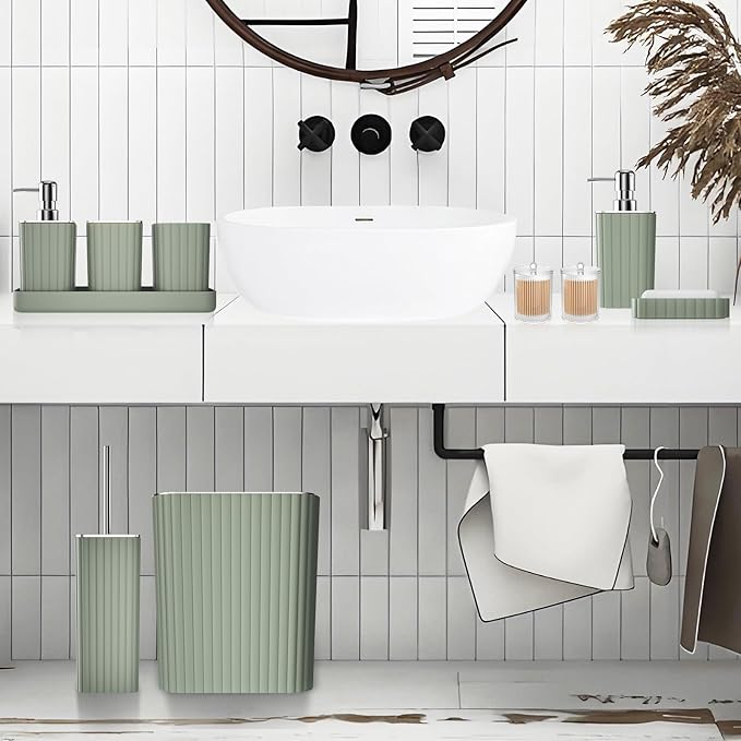 Bathroom Accessories Set - 25PC Sage Bathroom Set, Bathroom Set with Shower Curtain and Rugs, Sage Green Shower Curtain Set, Bathroom Accessory Set, Trash Can & Soap Dispenser