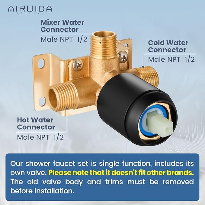 Airuida Shower Faucet Set,Single Function Shower Trim Kit,Wall Mount 6 Inch Round Rainfall Shower Head and Handle Set,Single Handle Shower System Set Male Threads Rough-in Valve Matte Black