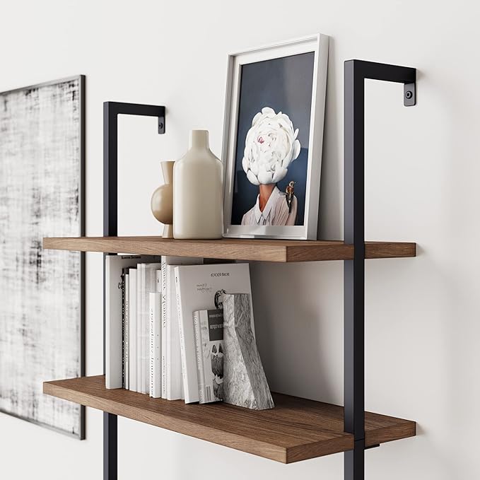 Nathan James Theo 6-Shelf Tall Bookcase, Wall Mount Bookshelf with Reclaimed Oak Wood and Industrial Metal Frame, Reclaimed Oak/Matte Black, Set of 3