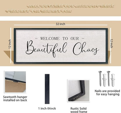 comurdyo Welcome To Our Beautiful Chaos Wall Decor Art 32"X12" for Home Entryway Sign Large Wood Framed Wall Hanging (Black)