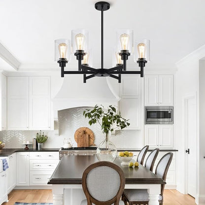 Black Chandeliers, 6 Light Dining Room Light Fixtures Over Table, Farmhouse Chandeliers for Dining Room with Clear Glass Shade for Kitchen Island Living Room Bedroom Bathroom, Height Adjustable