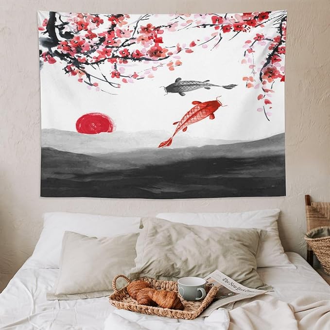 Houselerax Japanese Koi Fish Tapestries, Cherry Blossoms Asian Oriental Flower Branch Koi Fish Carp Tapestry Wall Hanging for Bedroom Living Room Office Decor 80"x60"