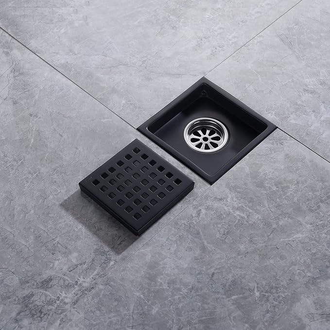 4" Matte Black Shower Floor Drain Square for Bathroom Kitchen Removable Grill Plate Cover with Flange Kit, Sus304 Stainless Steel Finish