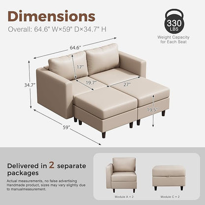 64.6" Faux Leather Loveseat Sleeper Sofa Bed with Storage Seat, Modern Modular Sectional Couch Deep Seat with Reversible Chaise 2-Seat Whitesand for Apartment, Living Room, Bedroom
