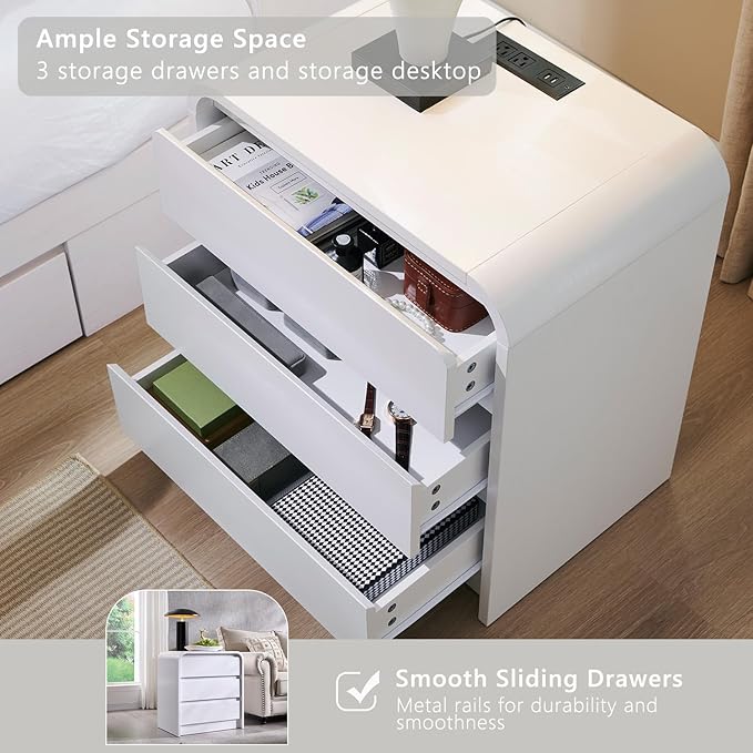 25" Tall Modern Nightstand Set of 2, 23.6" Wide Wood Bedside Table with Charging Station, 3 Storage Drawers Side Table w/Curved Profile Design, End Table for Bedroom, White
