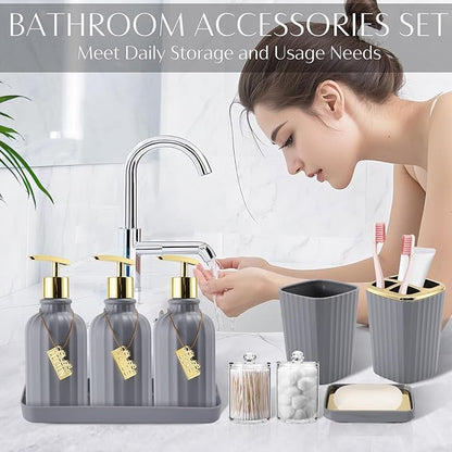 17PCS Bathroom Accessory Set Bathroom Set Grey Bathroom Accessories,Toilet Brush,Trash Can, Qtip Holder Dispenser& 3PCS Soap Dispenser