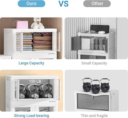 400Qt Stackable Storage Bins with Lids, 100Gal Closet Organizers and Storage Drawer, Plastic Collapsible Storage Bins with Doors, Heavy Duty Store Box Cabinet for Home Kitchen, 4Pack White