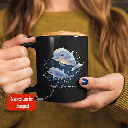 Custom Name Xmas Animal Cup, Cute Dolphins Swimming Design Mug 11oz 15oz, Customized Christmas Dolphins Black Cup, Personalized Animal Lover Coffee Mug, Gift For Newlyweds, Close Friend