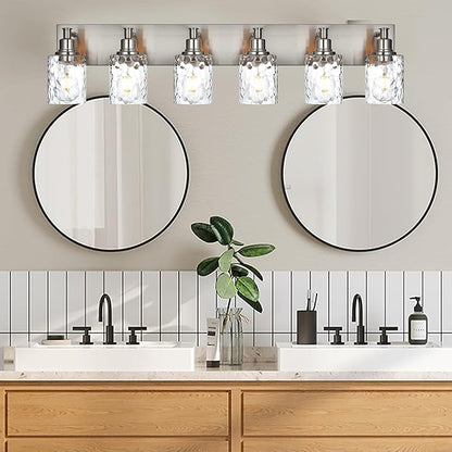 BONLICHT Vanity Light Fixture Brushed Nickel 6-Light Modern Farmhouse Wall Sconce Bathroom Lighting with Hammered Glass Industrial Wall Mount Lights for Kitchen Dining Room Cabinet Corridor